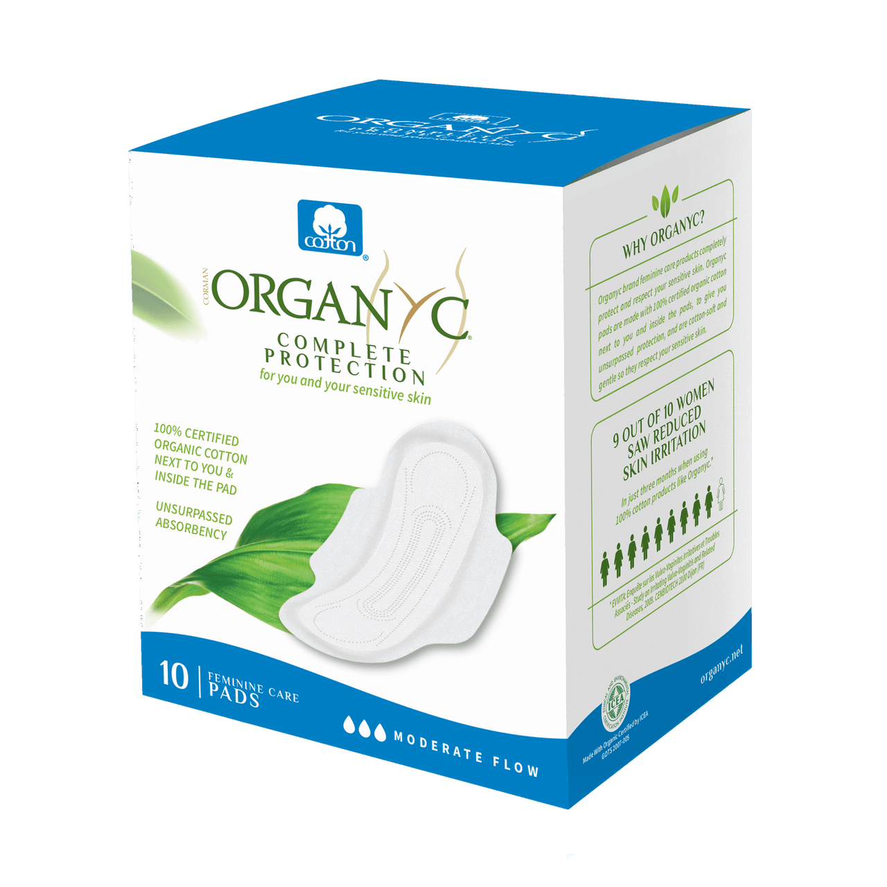 Organyc 100% Organic Cotton Pads Floded, Moderate Flow 10 Ea